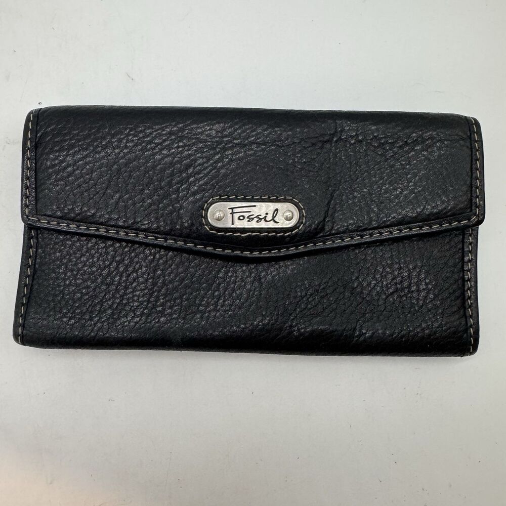 Fossil Snap Flap Tri-Fold Clutch Black Pebbled Leather Organizer CC Coin Wallet